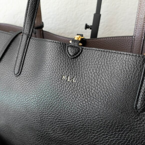 RALPH LAUREN SET REVERSIBLE BLACK & TAUPE TOTE + MATCHING WRISTLET ZIP POUCH - Picture 7 of 14